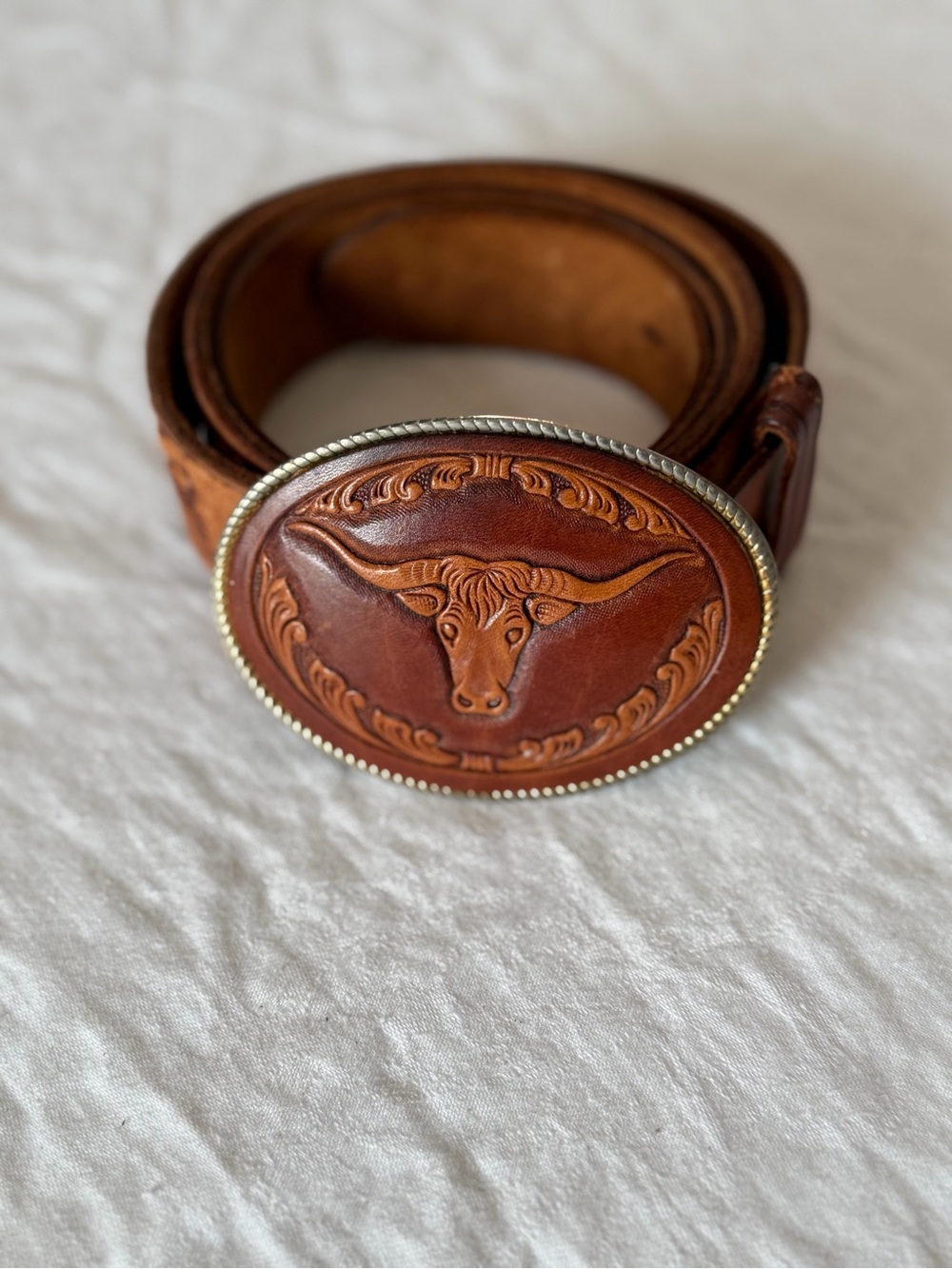 Vintage Chambers The Alamo Classic Embossed Western Leather Belt Longhorn Steer